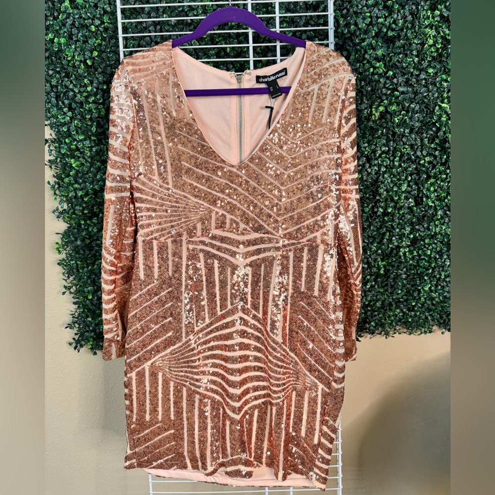 Charlotte Russe Rose Gold Sequin High-Low Dress V-Neck 3/4  Sleeve NWT (L)